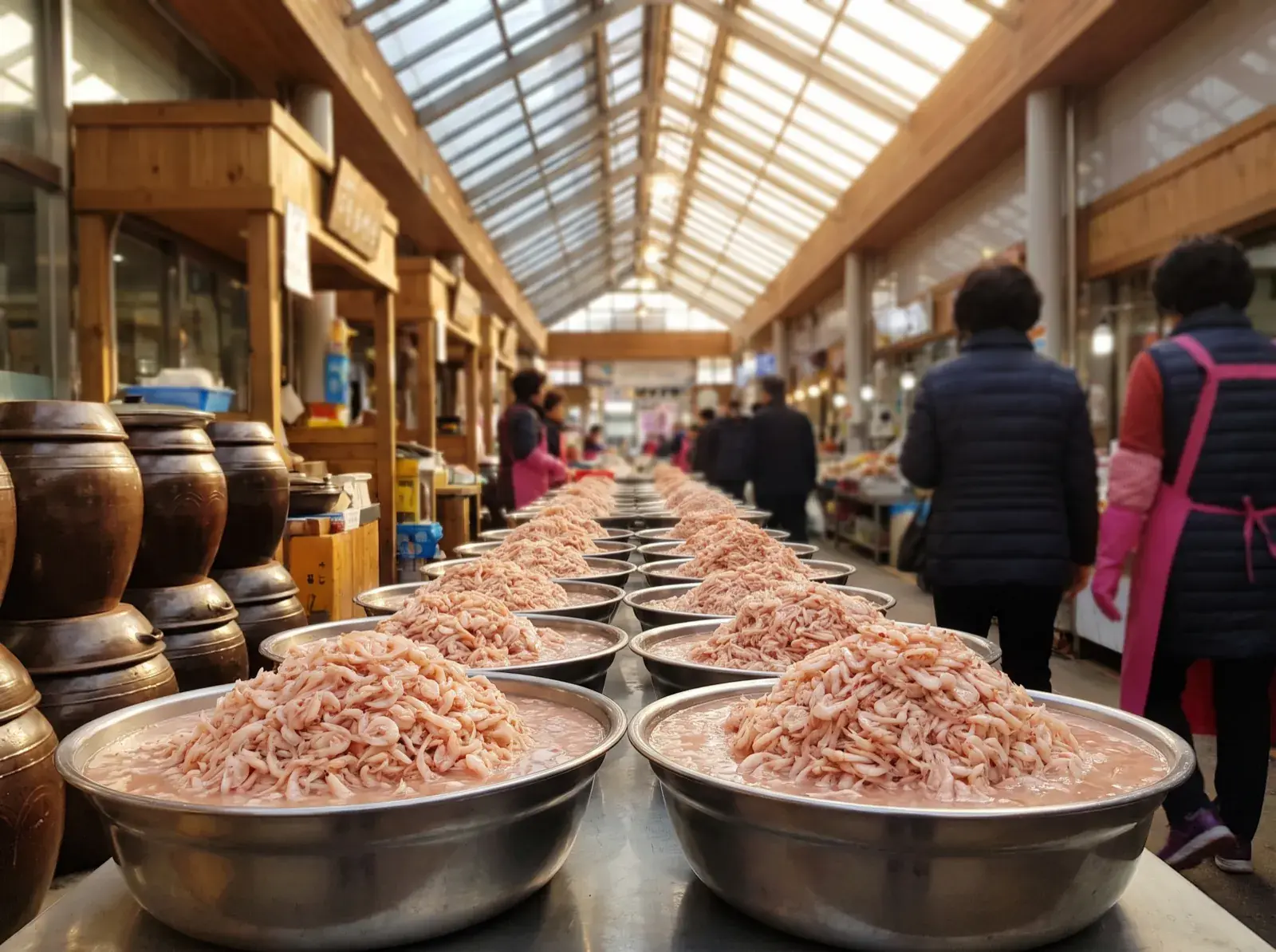 젓갈수산물 직판장 통로에 줄지어 놓인 새우젓 대야들